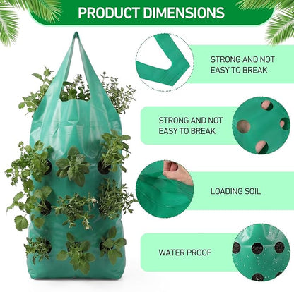 50 Pack Hanging Strawberry Planter Grow Bags, 9 Hole Plastic Hanging Vertical Planters, Upside Down Garden Bags with Reinforced Handles for Outdoor Wall Strawberries, Cherry, Tomatoes, Flowers, Tomato
