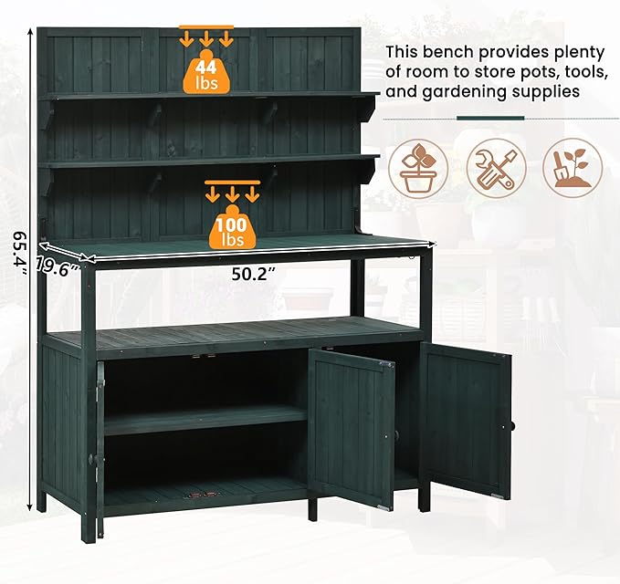 Christopher Knight Home Belfast 50.20" W Outdoor Potting Bench Table, Fir Wood Potting Table, Large Gardening Workstation with Storage Shelf, Ample Space Garden Tools Organizer for Backyard, Green