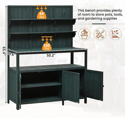 Christopher Knight Home Belfast 50.20" W Outdoor Potting Bench Table, Fir Wood Potting Table, Large Gardening Workstation with Storage Shelf, Ample Space Garden Tools Organizer for Backyard, Green