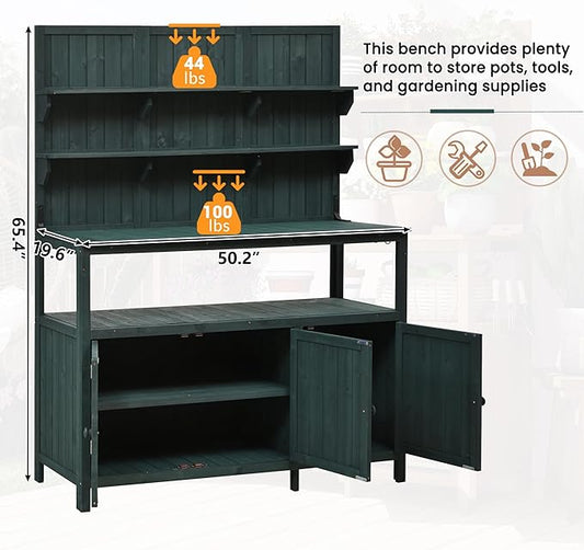 Christopher Knight Home Belfast 50.20" W Outdoor Potting Bench Table, Fir Wood Potting Table, Large Gardening Workstation with Storage Shelf, Ample Space Garden Tools Organizer for Backyard, Green