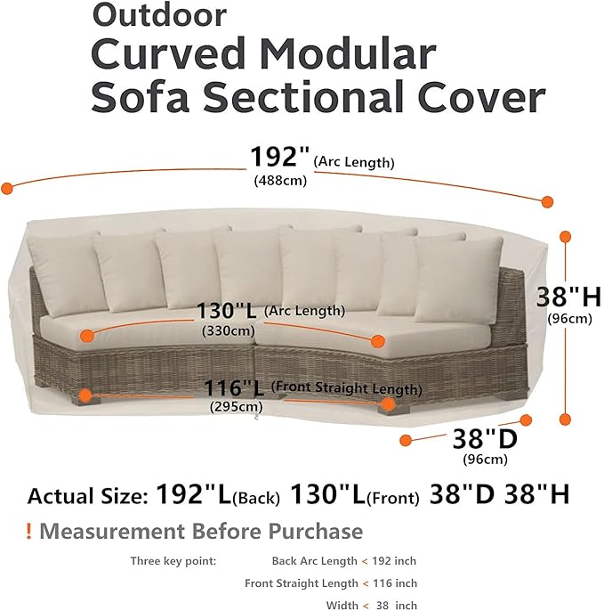 Curved Patio Furniture Cover for Outdoor Sectional Sofa, 190"(128") Reinforced Waterproof 600D Patio Sectional Couch Cover, Half Moon Lawn Outside Garden Furniture Winter Protective Cover