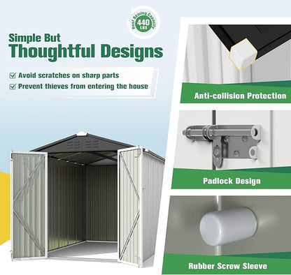 Flamaker 6x8 FT Storage Shed Waterproof Metal Garden Shed with Lockable Door Utility Tool Shed Outdoor Storage for Backyard, Patio and Lawn, White