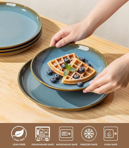 LERATIO Stoneware Dinnerware Sets for 4, 12 Pieces Ceramic Plates and Bowls Sets, Scratch Resistant Dish Set, Oven, Microwave & Dishwasher Safe-Ocean Blue