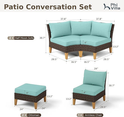 PHI VILLA 5-Piece Wicker Patio Furniture Set, Outdoor Sectional Sofa Conversation Set with Aqua Blue Cushions, Half-Moon Curved Modular Couch for Garden, Deck, Backyard