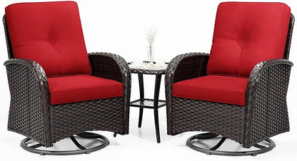 Joyside Outdoor Swivel Rocker Chairs, 3 Piece Wicker Patio Set with Thick Cushion and Side Table, Rattan Patio Swivel Rocking Chairs for Porch, Deck Use (Brown/Red, 3 PCS)