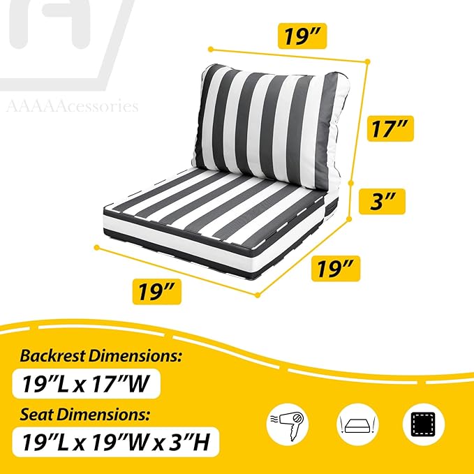AAAAAcessories Outdoor Seat Cushions for Chairs, Fade-Resistant, Waterproof Patio Furniture Replacement Cushions, 19" x 19" x 3" + 19" x 17", Gray Cabana Stripe