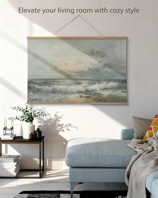 ARPEOTCY Extra Large Vintage Framed Wall Art, 36x54 Inch Sunset over the Sea Landscape Hanging Canvas Prints Scroll Wall Art Decor for Living Room Bedroom, Retro Scenery Pictures Above of Bed