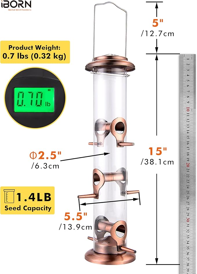 iBorn Metal Bird Feeders Brushed Copper Wild Bird Feeder for Outdoors Hanging All Metal Brushed Copper Finishing 15 Inch 6 Port,Pack of 2
