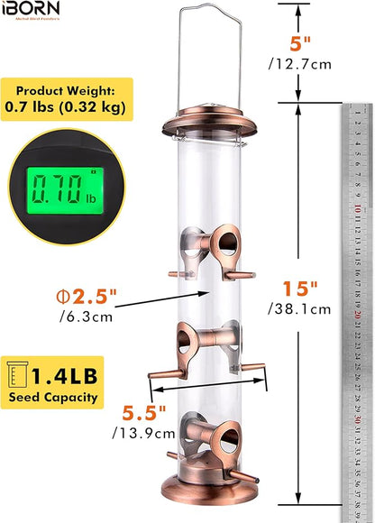 iBorn Metal Bird Feeders Brushed Copper Wild Bird Feeder for Outdoors Hanging All Metal Brushed Copper Finishing 15 Inch 6 Port(Seed is not Included)