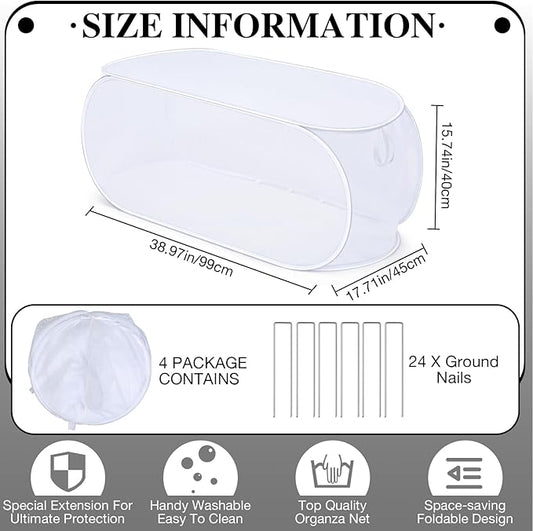 4 Pcs 39" x 18" x 16" Pop up Garden Mesh Plant Cover Outdoor Plant Protector Garden Row Raised Bed Cover with Ground Nails Crop Cage Net for Seedlings Vegetable Fruit Herbs (White)