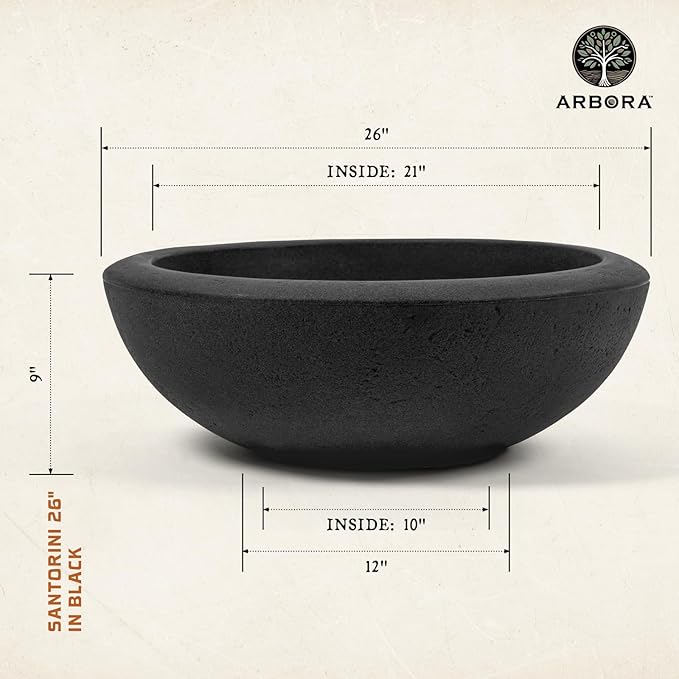 ARBORA 26" Santorini Bowl Polyresin Indoor and Outdoor Planter with Classic Black Finish - Durable, Weatherproof, Lightweight, Large Plant Pot for Patio, Garden, Deck, Entryway