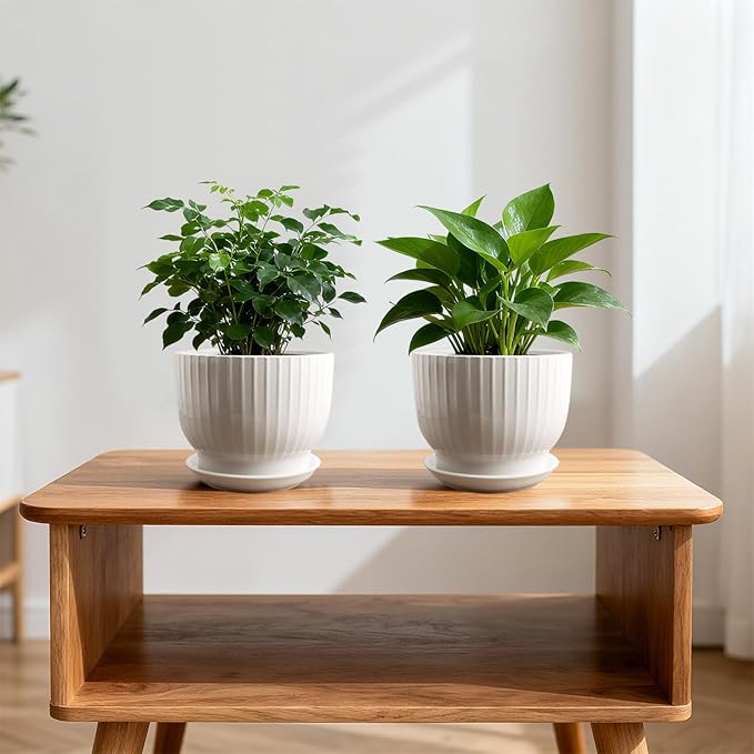 Ceramic Plant Pots,6.7 Inch,Set of 2,Planters with Drainage Hole and Saucer,Flower pots for Indoor Plants,Modern Design(Pure White,2 Pack)