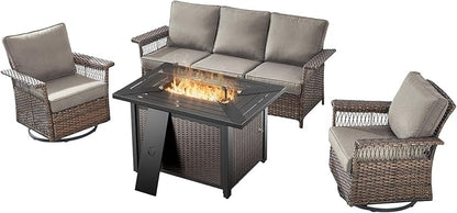 Patio Furniture Set with Fire Pit Table, 4PCS Patio Conversation Set Brown Resin Wicker Swivel Patio Chair and Sofa with 43in Rectangular Iron Fire Table PE Rattan Furniture Set