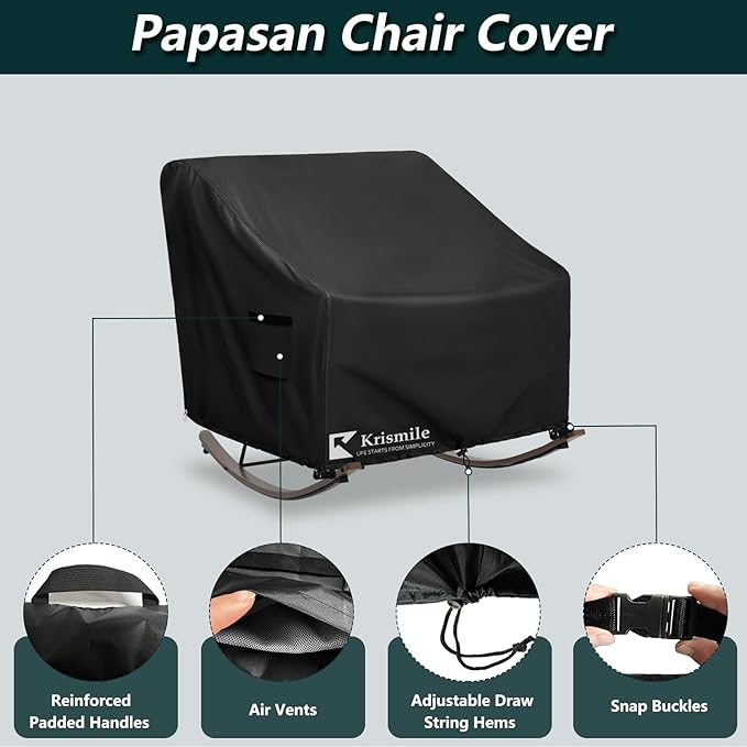 Outdoor Rocking Chair Cover, Heavy Duty Waterproof Papasan Chair Cover with Split Zipper, Easy to use, Black