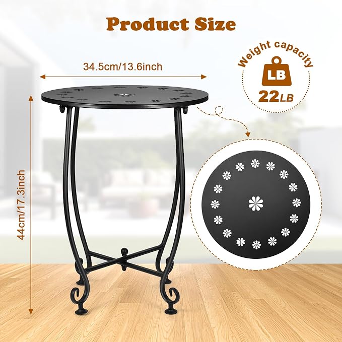 14 Inch Outdoor Side Tables for Patio, Weather Resistant Steel Patio Side Table, Small Round Outdoor End Table Metal Side Table for Patio Yard Balcony Porch Garden Black