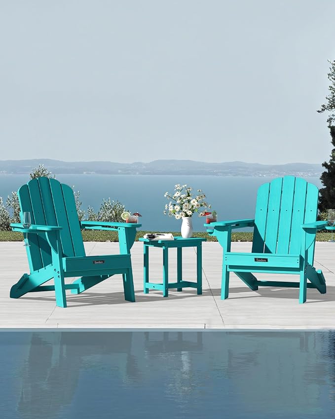 Folding Adirondack Chair,All-Weather HDPE Fire Pit Chair with 2 Cup Holders, Plastic Outdoor Chair for Patio Deck Garden Lawn, Lakeblue