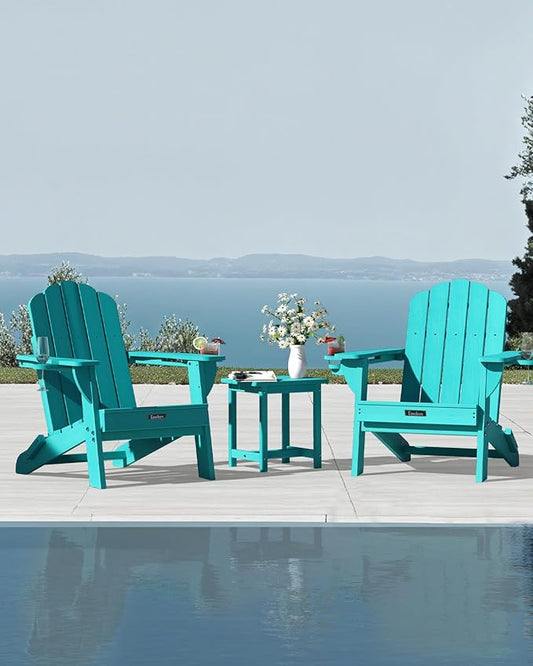 Folding Adirondack Chair,All-Weather HDPE Fire Pit Chair with 2 Cup Holders, Plastic Outdoor Chair for Patio Deck Garden Lawn, Lakeblue