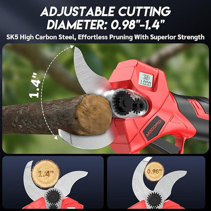 Electric Pruning Shears,1.4" Cutting Diameter Cordless Power Pruner with LCD Display, Brushless Motor Pruning Shears with One 2000mAh Rechargeable Batteries for Garden Tree Pruner Branch