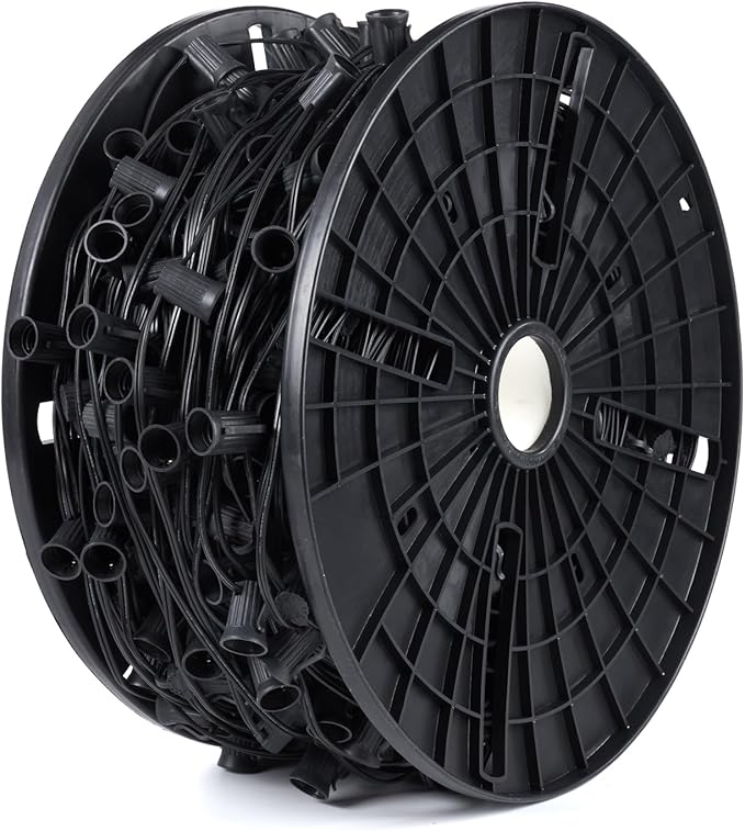 Brightown Commercial 500FT C9 Christmas Stringer Bulk Reel, C9 Light Sockets Set Spool with 12" Spacing, UL Listed Christmas Roof Lights Cord, SPT-1 8-Awg, Black
