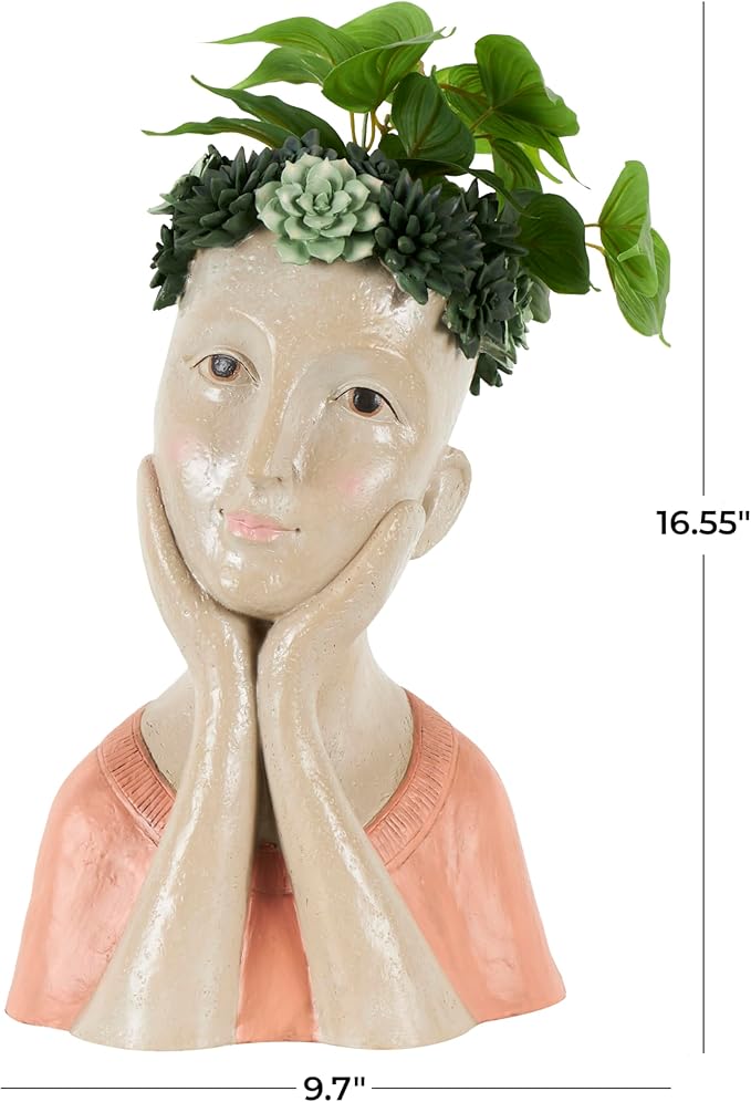 Deco 79 Resin Woman Indoor Outdoor Planter Bust Large Planter Pot with Succulent Crown and Orange Top, Planter 10" x 8" x 17", Beige