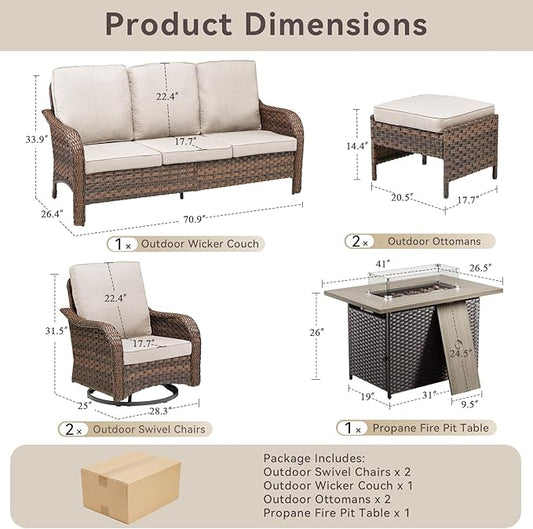 Patio Furniture Set with 42.5" Fire Pit Table-6 Pieces All Weather Wicker Outdoor Furniture with High Back Swivel Patio Chairs Set of 2 Outdoor Couch for Deck Balcony Backyard Brown/Beige
