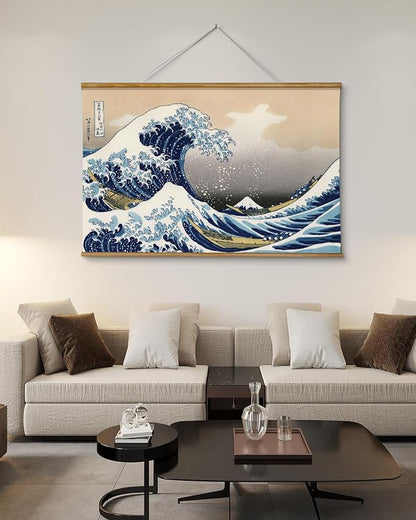 VIYYIEA Extra Large Size Canvas Wall Art, 36x54 The Great Wave off Kanagawa Scroll Hanging Japanese Print, Famous Artwork for Living Room, Bedroom, or Office