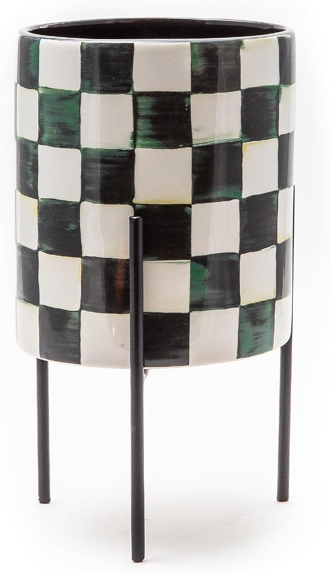 MACKENZIE-CHILDS Tabletop Ceramic Planter with Stand, Decorative Pot for Indoor Plants, Black-and-White Courtly Check