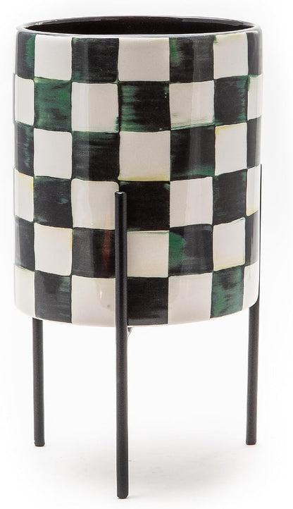 MACKENZIE-CHILDS Tabletop Ceramic Planter with Stand, Decorative Pot for Indoor Plants, Black-and-White Courtly Check