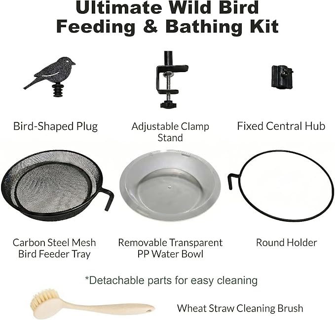 Deck Bird Feeder & Bird Bath for Railing – No-Drill Clamp Fits Balcony, Deck & Fence up to 1.97"/5cm – Rust-Resistant Metal Mesh Tray + Windproof Water Bowl Combo, Wild Bird Feeding Station with Brush