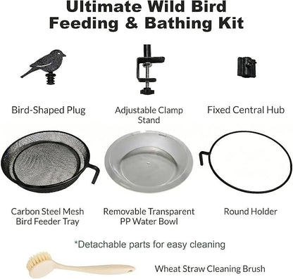 Deck Bird Feeder & Bird Bath for Railing – No-Drill Clamp Fits Balcony, Deck & Fence up to 1.97"/5cm – Rust-Resistant Metal Mesh Tray + Windproof Water Bowl Combo, Wild Bird Feeding Station with Brush
