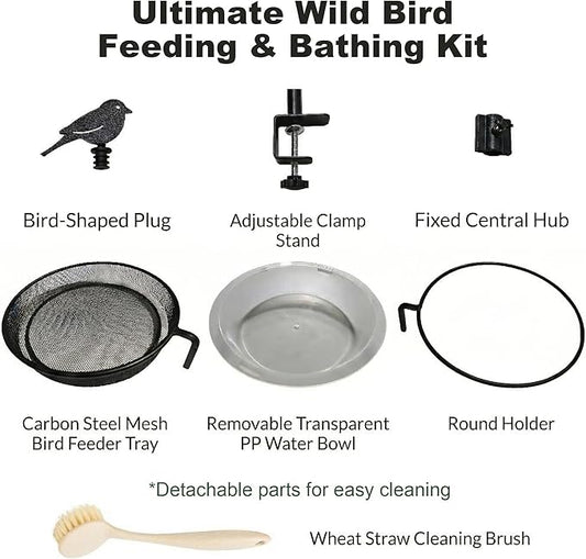 Deck Bird Feeder & Bird Bath for Railing – No-Drill Clamp Fits Balcony, Deck & Fence up to 1.97"/5cm – Rust-Resistant Metal Mesh Tray + Windproof Water Bowl Combo, Wild Bird Feeding Station with Brush
