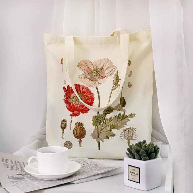 4 Pieces Floral Canvas Tote Bag for Women Book Club Gifts Cute Aesthetic Canvas Bags Bulk Flower Reusable Grocery Shopping Bag Aesthetic for Women