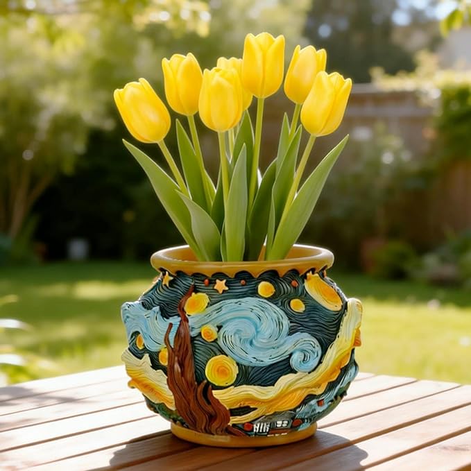 Starry Night Floral Planter, Unique and Interesting Abstract Art Flower pots, Vibrant Colors, Perfect for Home/Garden Artistic Decoration (Starry Sky)
