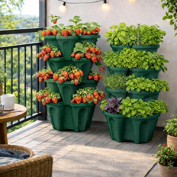 Strawberry Planter Tower, 4 Tier Stackable Vertical Planter, 28 Plant Sites, Space Saving Garden Planter, Indoor Outdoor, Made in USA (Deep Forest, Small)