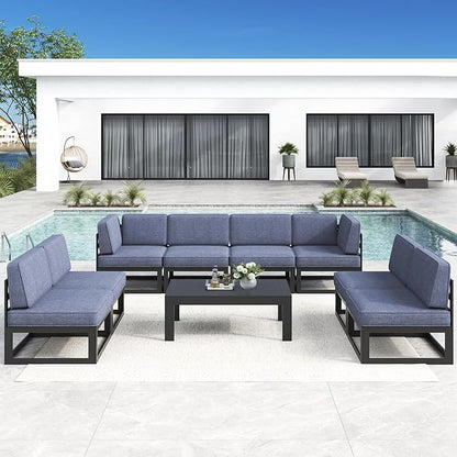 LayinSun Large Aluminum Patio Furniture Set, 9 Pieces Modern Outdoor Conversation Set Sectional Metal Sofa Set with Olefin Cushion
