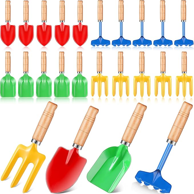 8" Kids Gardening Tools, Metal Beach Sandbox Digging Toys with Wooden Handle, Including Shovel, Rake, Fork and Trowel, Garden Sand Snow Tools for Children Gift Outdoor Gardening(100 Pcs)