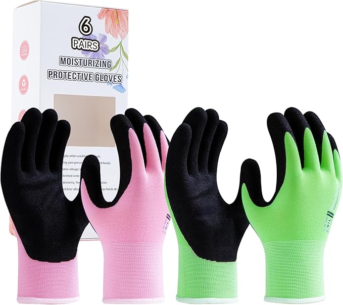 HandLove 6 Pairs Gardening Gloves for Women-Moisturizing Durable Work Gloves.Latex-free Sandy Nitrile Coated for Yard Garden,Touchscreen Friendly Protective Work with Grip,Medium,Pink&Green