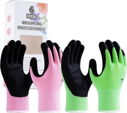 HandLove 6 Pairs Gardening Gloves for Women-Moisturizing Durable Work Gloves.Latex-free Sandy Nitrile Coated for Yard Garden,Touchscreen Friendly Protective Work with Grip,Medium,Pink&Green