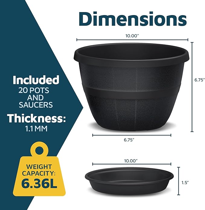 10-Inch Whiskey Barrel Planters Outdoor Pack of 20 - Durable Plastic Plant Pots for Indoor & Outdoor Use with Drainage & Saucer, Lightweight Rustic Barrel Planters for Flowers, Herbs & Small Plants