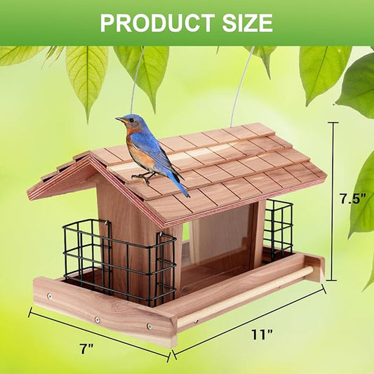 Wooden Bird Feeder for Outdoors Hanging Mount Large Capacity, Red Cedar Garden Roof Feeder with 2 Suet Cages, Cardinal Bluebird Birdfeeder for Garden Decoration Yard, Weatherproof Durable