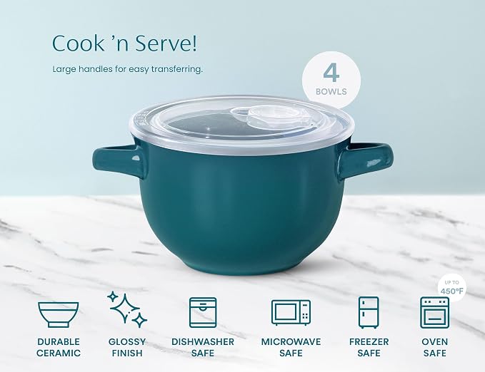 KooK French Onion Soup Bowls, Crocks, Oven Safe Bowls, Soup Mugs, Ceramic Bowls, Dishwasher, Microwave, Set of 4, 18 oz (Teal)