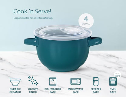 KooK French Onion Soup Bowls, Crocks, Oven Safe Bowls, Soup Mugs, Ceramic Bowls, Dishwasher, Microwave, Set of 4, 18 oz (Teal)