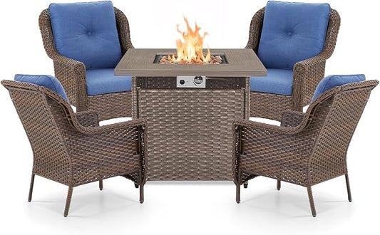 Outdoor Patio Chairs with Fire Pit Table 5 Piece Set - High Back Brown Wicker Rattan Lawn Chair with Thick Cushion for Porch Apartment Deck Yard Poolside Garden - Navy Blue
