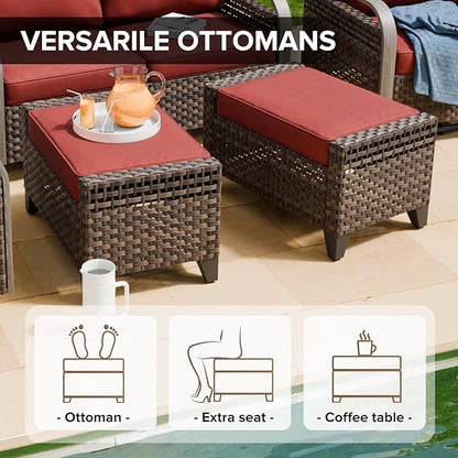 COOS BAY Modern Wicker Outdoor Furniture Set, Patio Conversation Set with Patio Chairs, 3 Seat Couch, and Ottomans, 5 Piece, Brown/Red