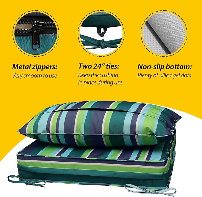 AAAAAcessories Outdoor Seat Cushions for Chairs, Fade-Resistant, Waterproof Patio Furniture Replacement Cushions, 22" x 24" x 5" + 22" x 19", Stormy Teal Coastal Stripe