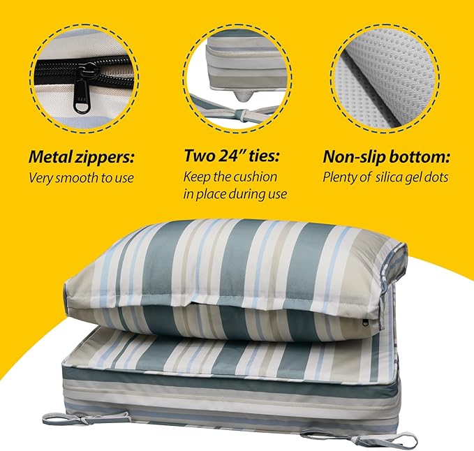 AAAAAcessories Outdoor Seat Cushions for Chairs, Fade-Resistant, Waterproof Patio Furniture Replacement Cushions, 25.5" x 25.5" x 5" + 25.5" x 13.5", Slate Gray Blue Coastal Stripe