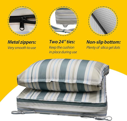 AAAAAcessories Outdoor Seat Cushions for Chairs, Fade-Resistant, Waterproof Patio Furniture Replacement Cushions, 25.5" x 25.5" x 5" + 25.5" x 13.5", Slate Gray Blue Coastal Stripe