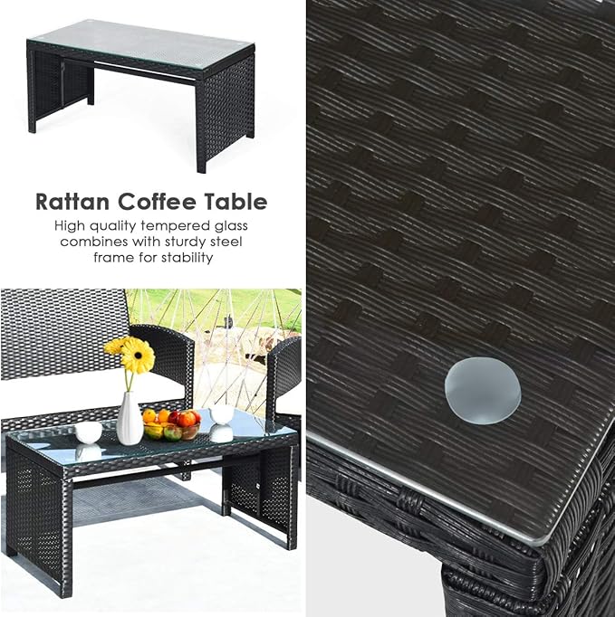 COSTWAY 4 Pieces Patio Rattan Furniture Set, Outdoor Wicker Conversation Set with Soft Cushions & Tempered Glass Coffee Table, Cushioned Chair Sofa for Backyard, Porch, Poolside, Lawn, Garden, White