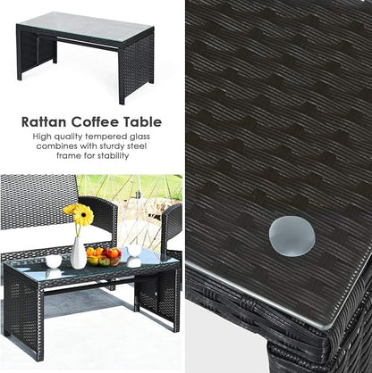 COSTWAY 4 Pieces Patio Rattan Furniture Set, Outdoor Wicker Conversation Set with Soft Cushions & Tempered Glass Coffee Table, Cushioned Chair Sofa for Backyard, Porch, Poolside, Lawn, Garden, White