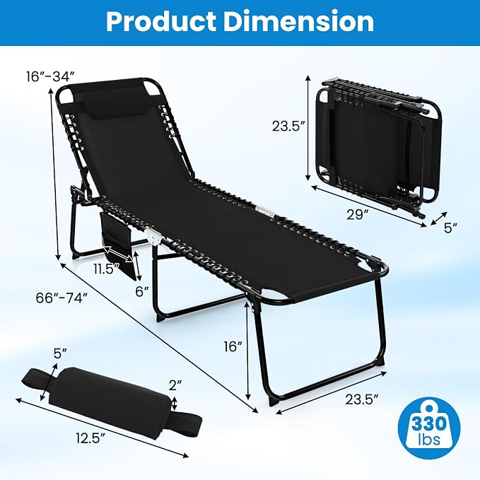 GYMAX Lounge Chairs for Outside, Extra High Folding Beach Tanning Lounger with Adjustable Backrest, Footrest & Removable Pillow, Sunbath Lounge for Patio, Lawn, Poolside (1, Black with Side Pocket)
